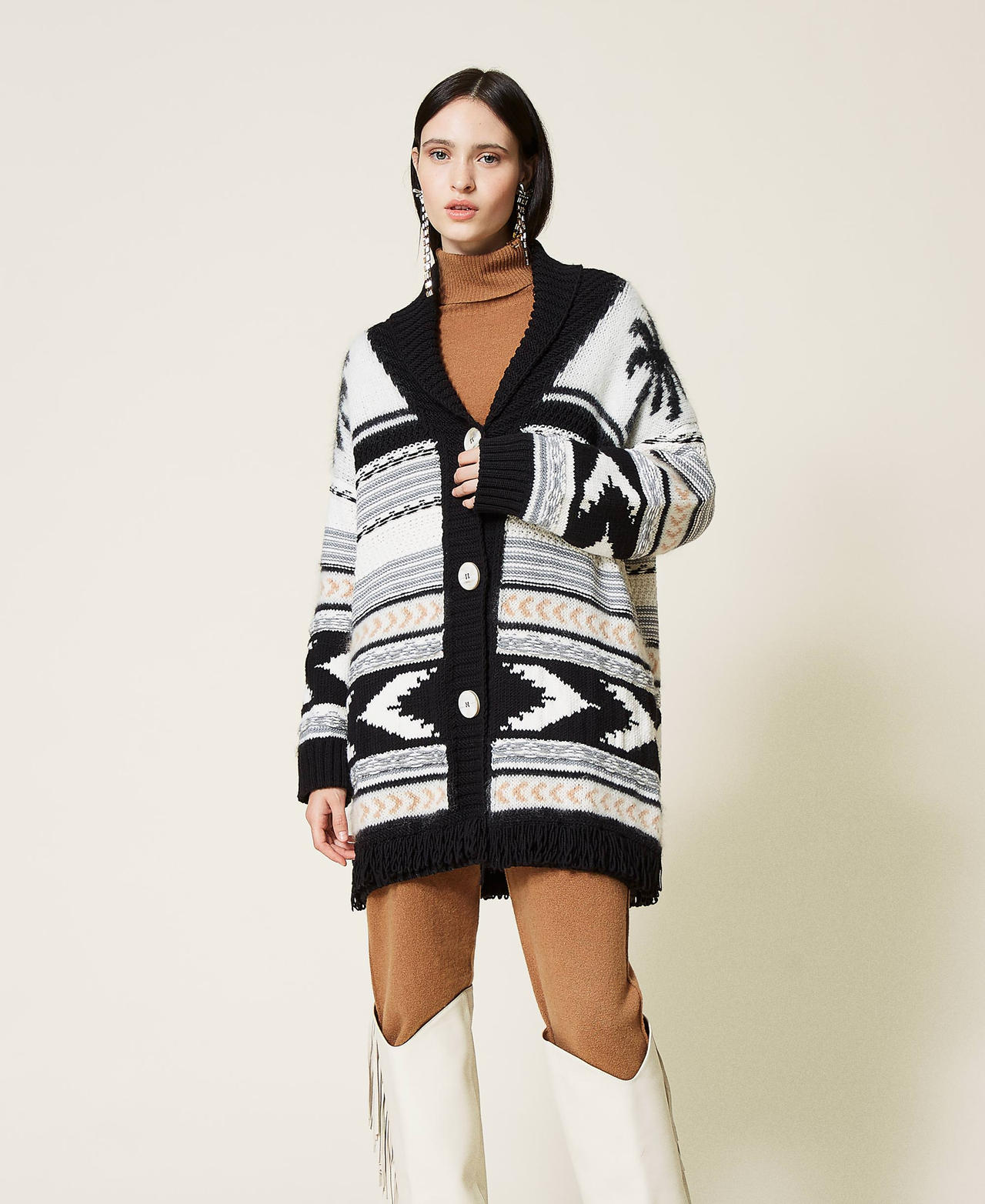 Cardigan jacquard in misto lana Jacquard Palme Multicolor Donna 212TT3310-02