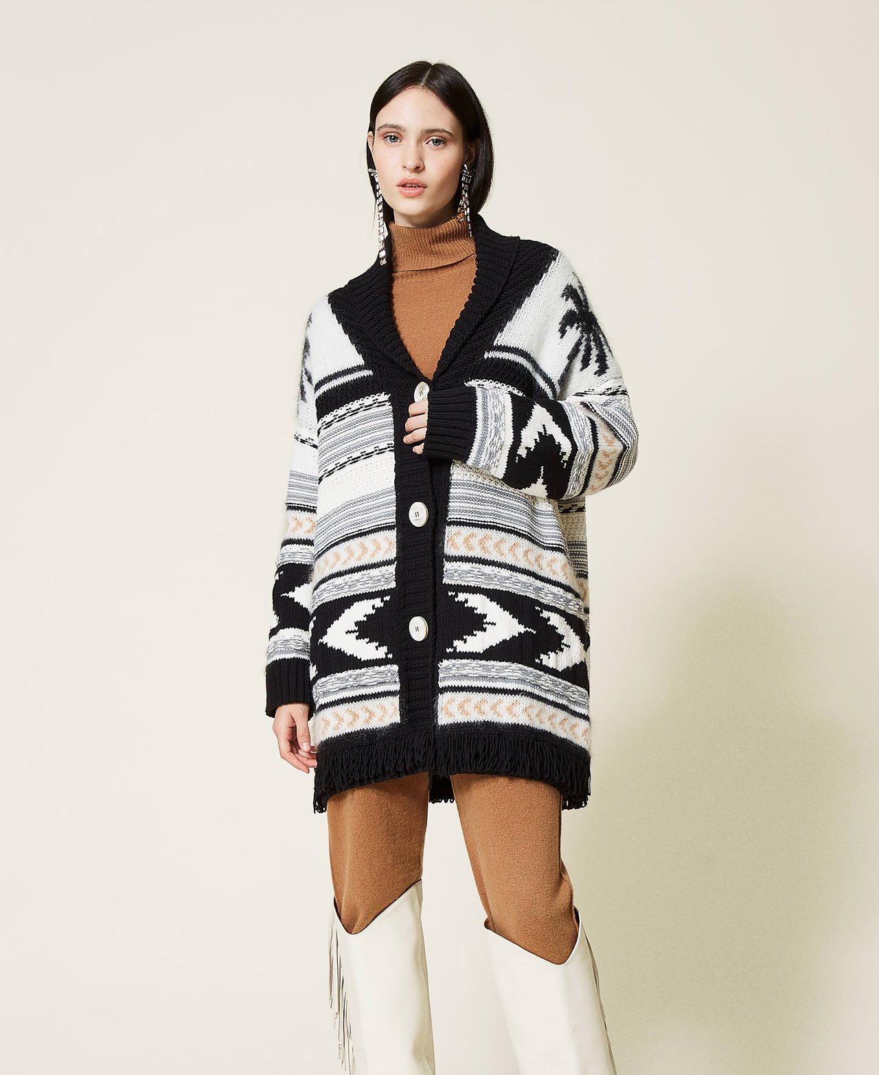 Wool blend jacquard cardigan Multicolour Palm Jacquard Woman 212TT3310-02