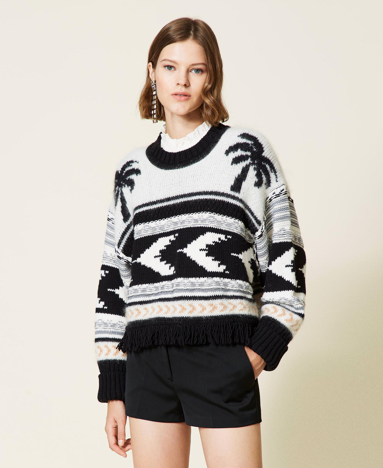 Pull jacquard en laine m&eacute;lang&eacute;e Jacquard Palmiers Multicolore Femme 212TT3311-02