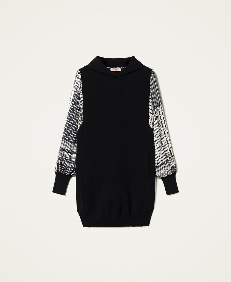 Knit dress with twill sleeves Two-tone Black / Two-tone “Snow” White Check Print Woman 212TT3350-0S