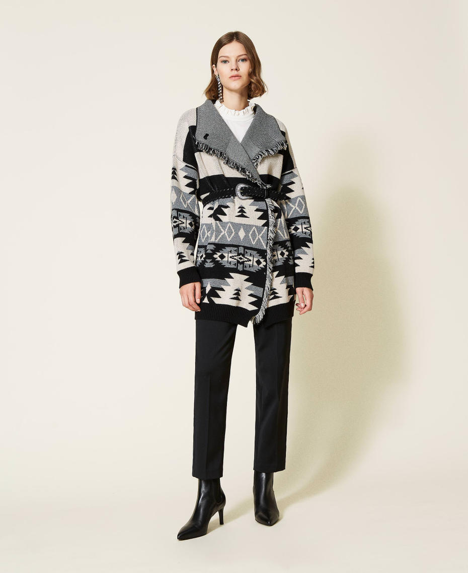 Jacquard cardigan with fringes Black Stripe Design Mat Jacquard Woman 212TT3360-01