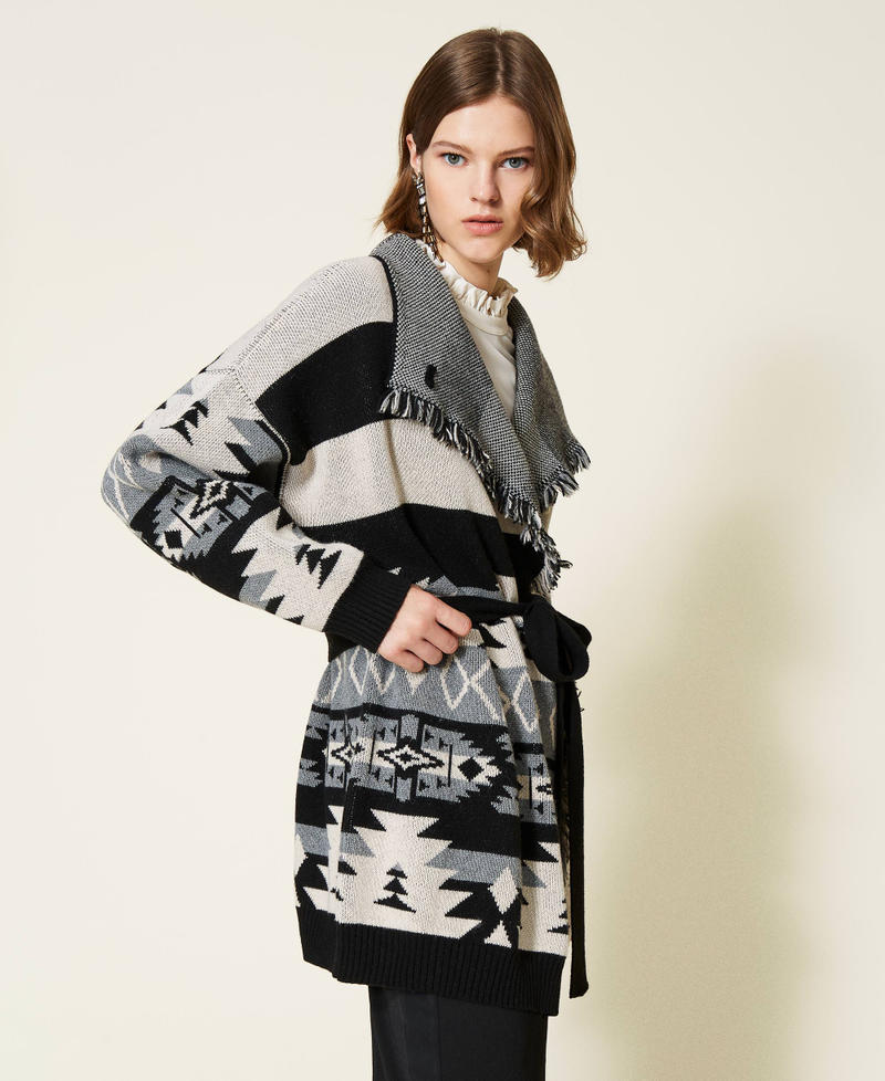 Jacquard cardigan with fringes Black Stripe Design Mat Jacquard Woman 212TT3360-02