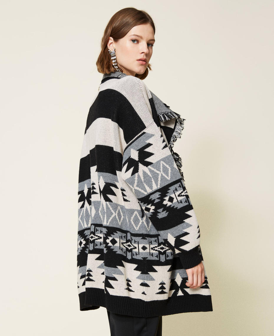 Jacquard cardigan with fringes Black Stripe Design Mat Jacquard Woman 212TT3360-06