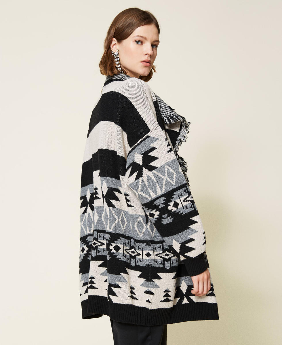 Jacquard-Cardigan mit Fransen Jacquard-Geflecht Streifendessin Schwarz Frau 212TT3360-06