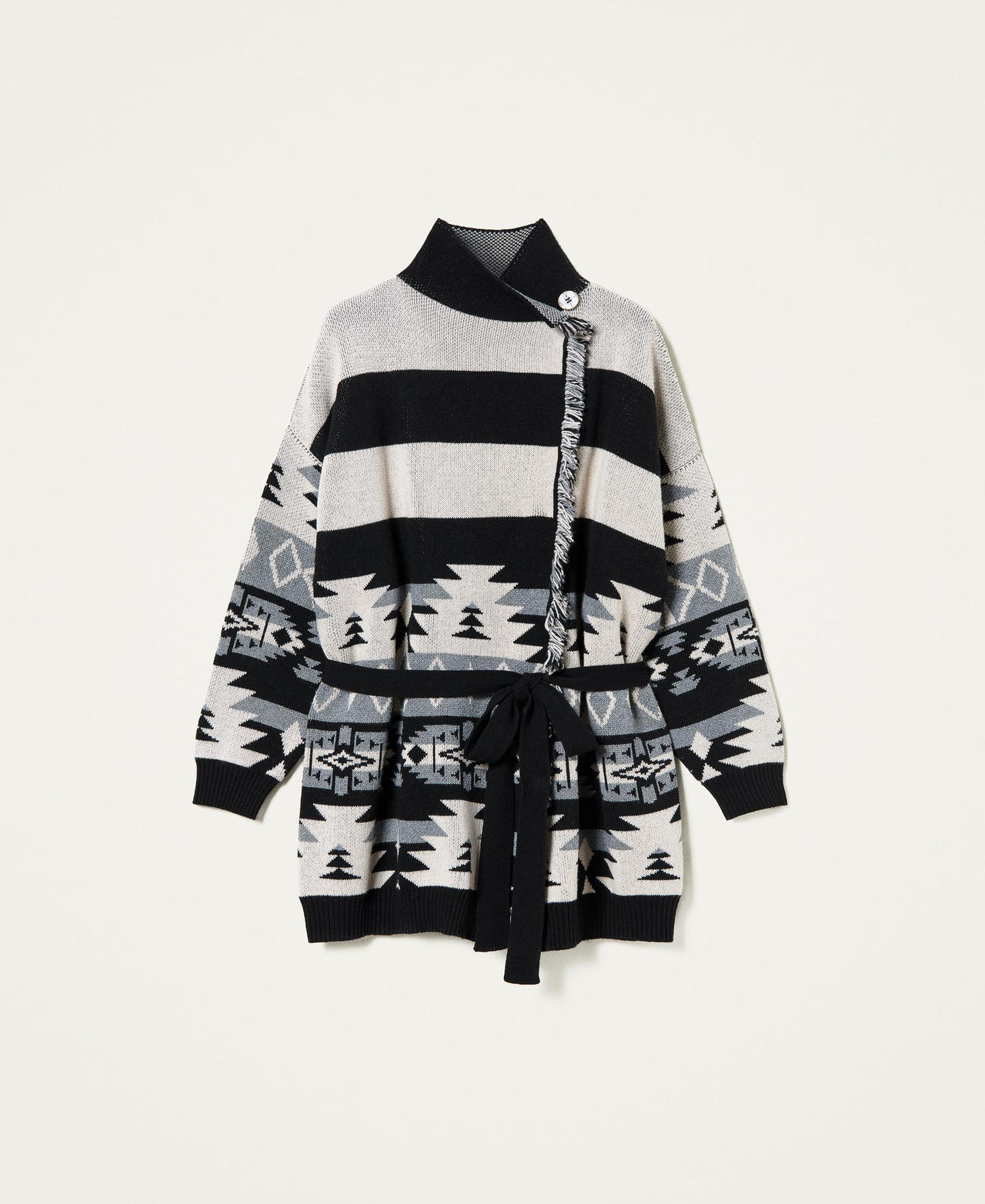 Jacquard cardigan with fringes Black Stripe Design Mat Jacquard Woman 212TT3360-0S
