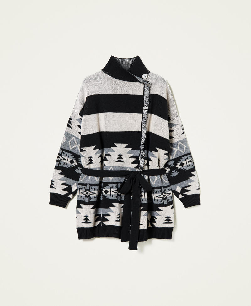Jacquard cardigan with fringes Black Stripe Design Mat Jacquard Woman 212TT3360-0S