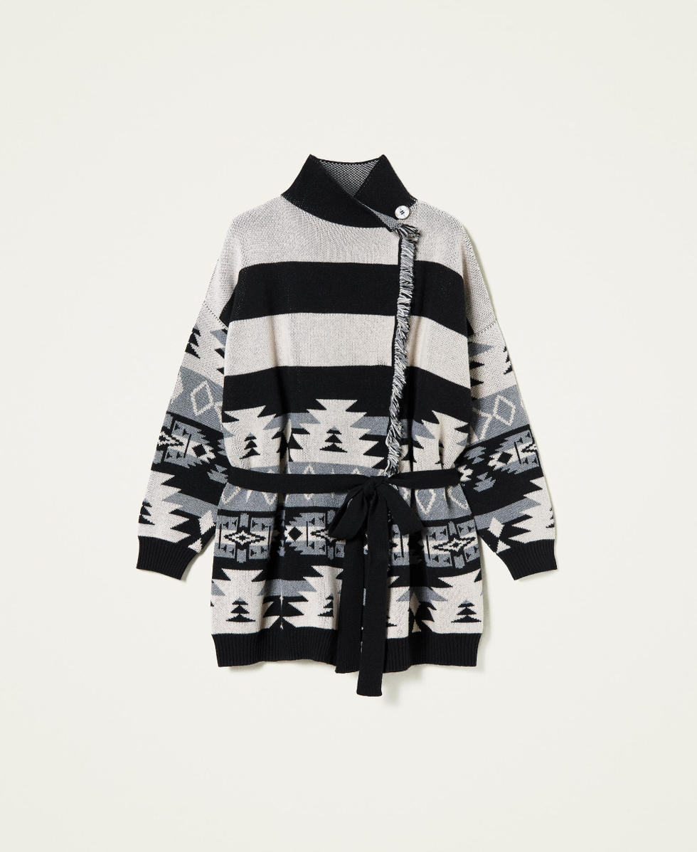 Jacquard cardigan with fringes Woman, Black | TWINSET Milano Jacquard cardigan with fringes Woman, Black | TWINSET Milano