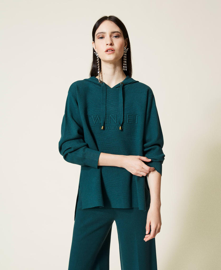 Felpa in maglia con cappuccio Verde Scuro Donna 212TT3460-01