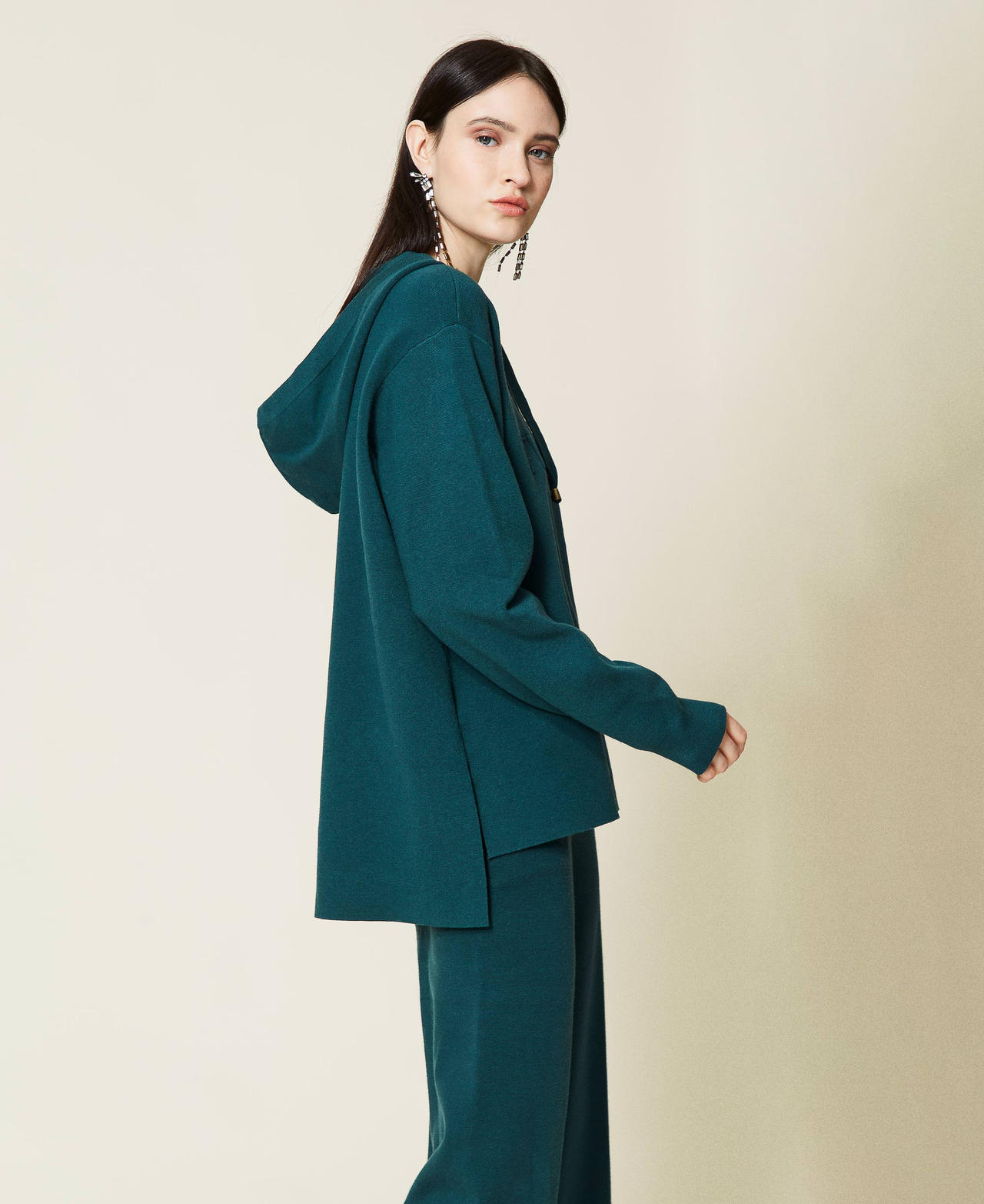Felpa in maglia con cappuccio Verde Scuro Donna 212TT3460-02