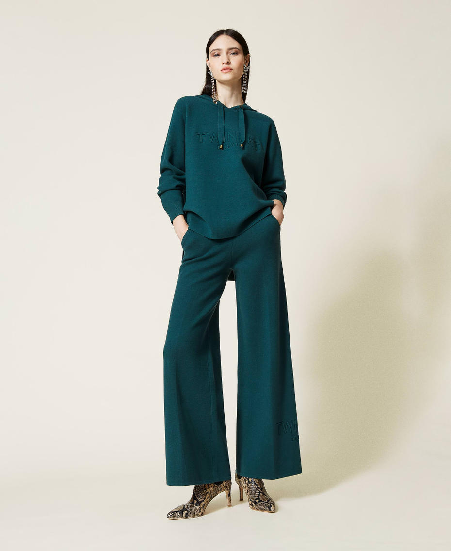 Felpa in maglia con cappuccio Verde Scuro Donna 212TT3460-0T