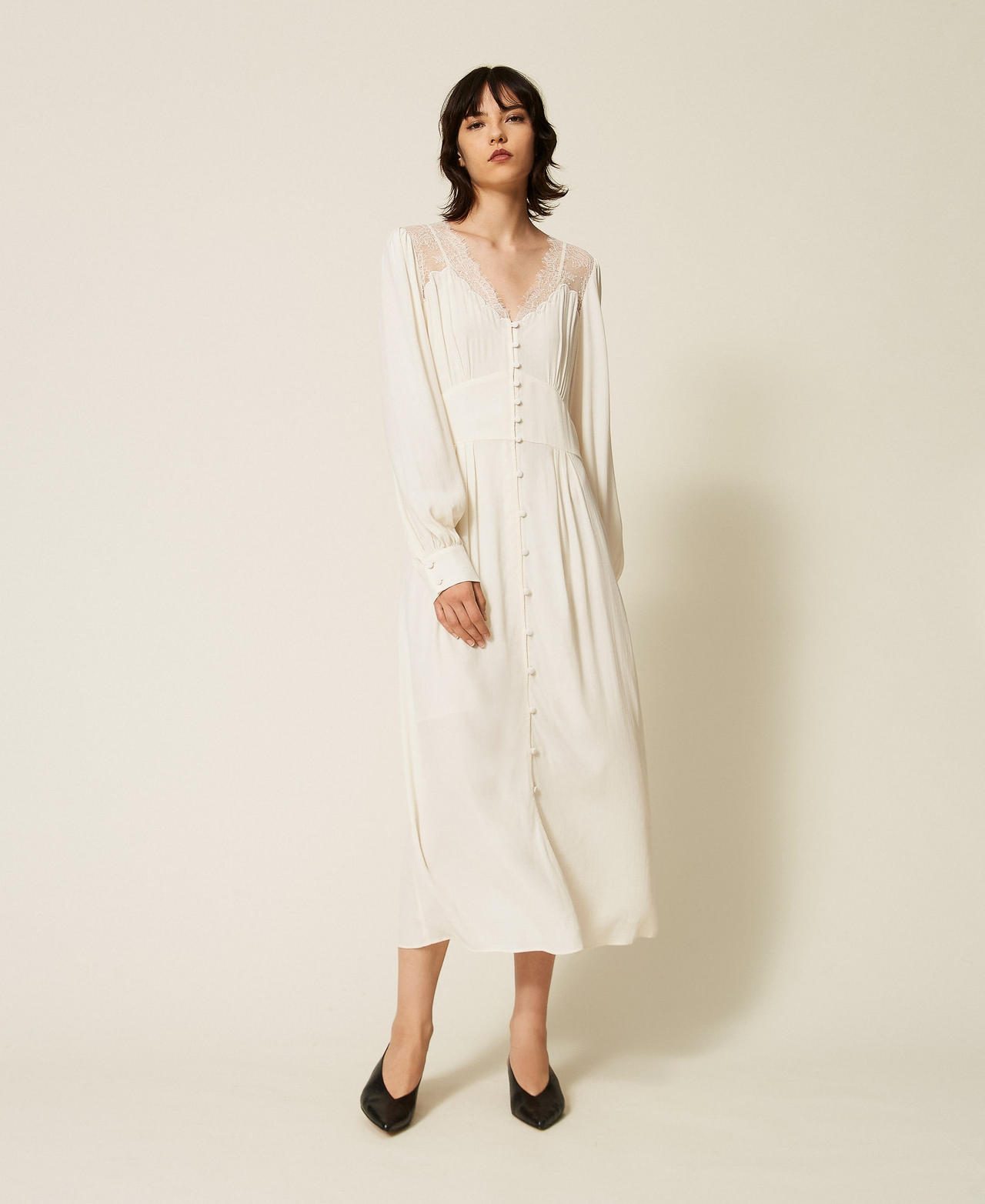 Twinset Women's Mother Of Pearl Long Jacquard Dress With Lace