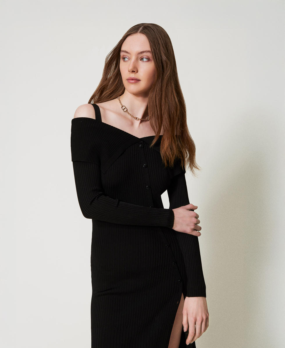 Robe longue &eacute;paules d&eacute;nud&eacute;es en maille Noir Femme 251TP3030_00006_PD