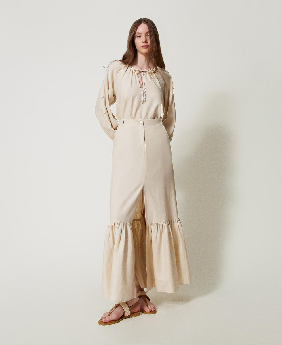 Falda larga de mezcla de lino Almond Beige Mujer 251LM2QEE_12363_01