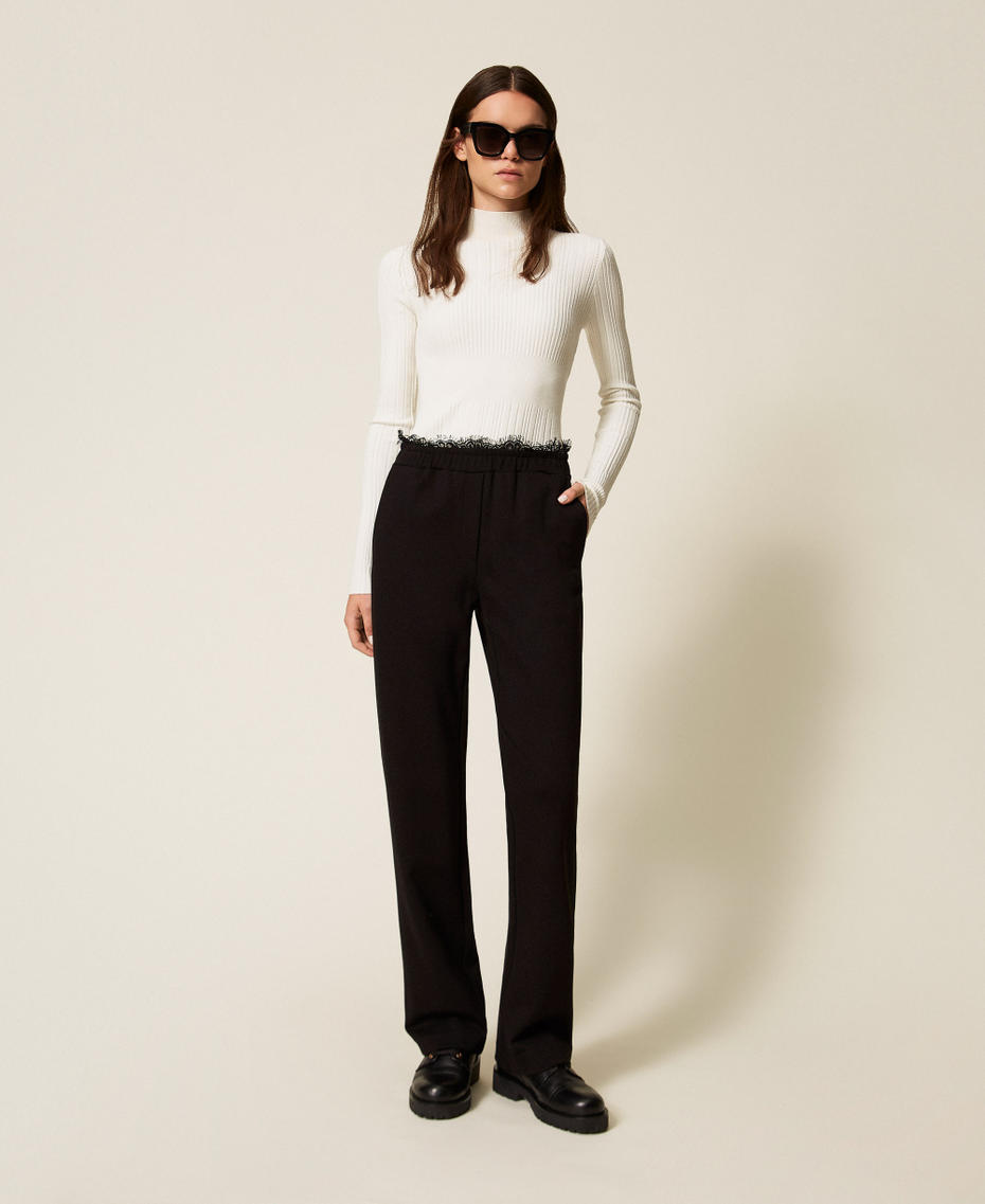 Fleece and lace straight trousers Black Woman 252LL2JDD_00006_01