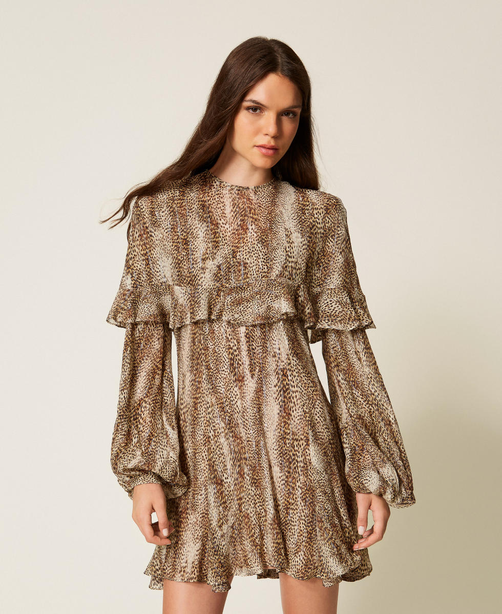 Kurzes Kleid aus Cr&ecirc;pe im Animal-Design Animalprint Brown Streifen Lurex Frau 252TT2350_12895_02