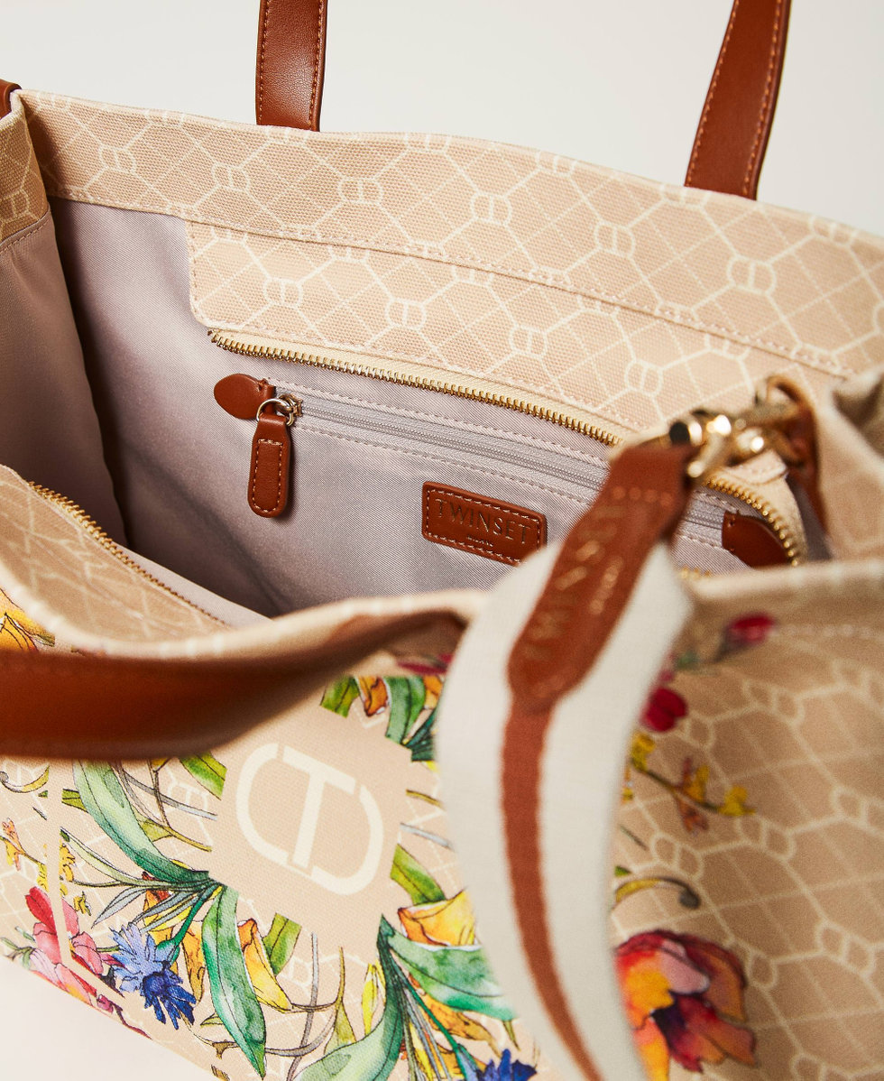 Canvas shopper bag with flower print Delicate Beige Flowers Print Woman 251TB7082_12277_04