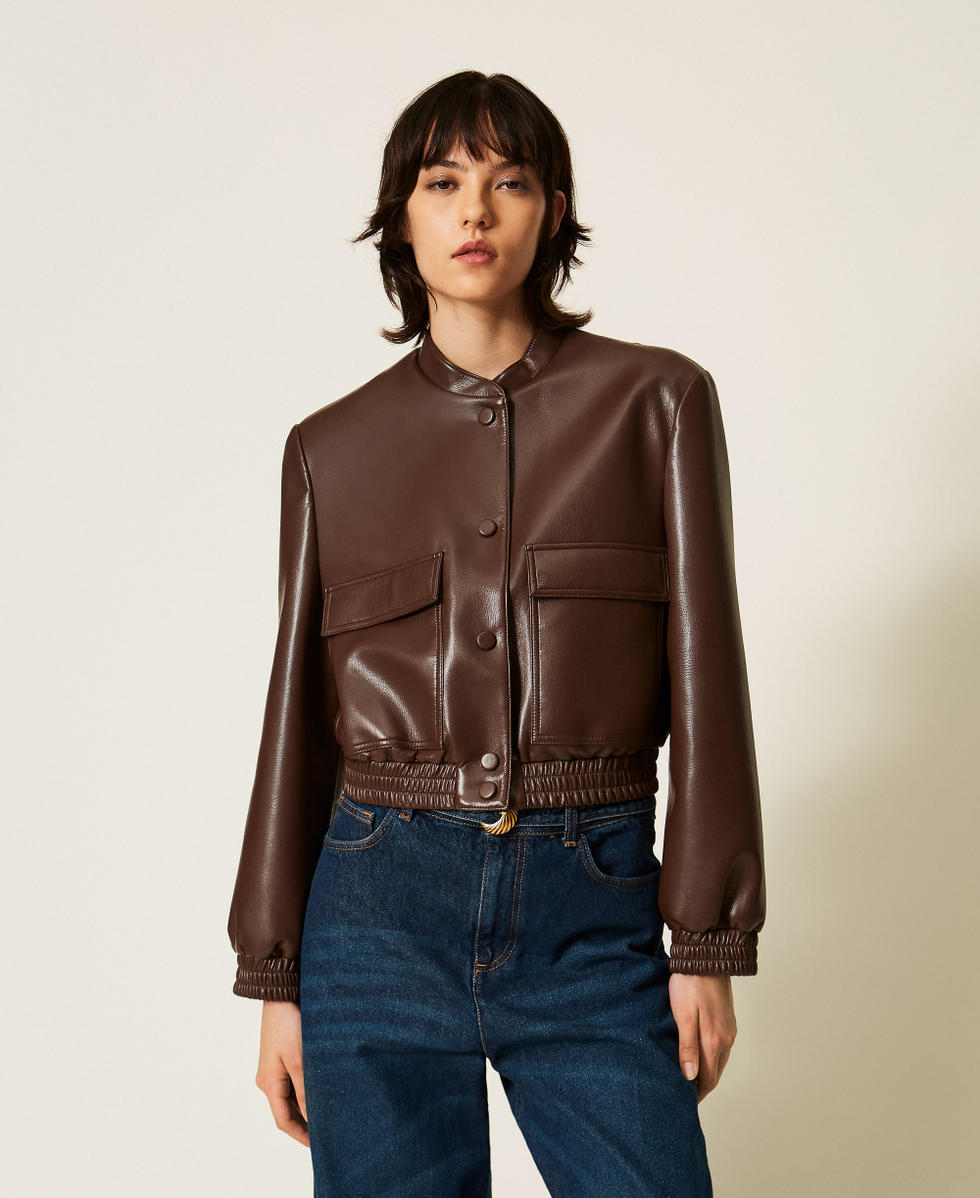 Faux leather bomber jacket with pockets Darkness Brown Woman 262TP2052_13411_04