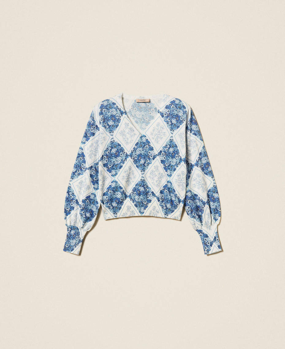 Pull avec imprim&eacute; floral en losanges Imprim&eacute; Losanges Floraux Bleu/Bleu &laquo;&nbsp;Topaze&nbsp;&raquo; Femme 261TP3530_13405_S0
