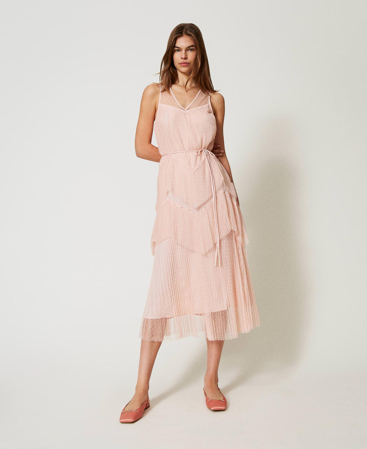 Maxikleid aus T&uuml;ll mit Plisseevolants Cupcake Pink Frau 251TP2511_00178_01