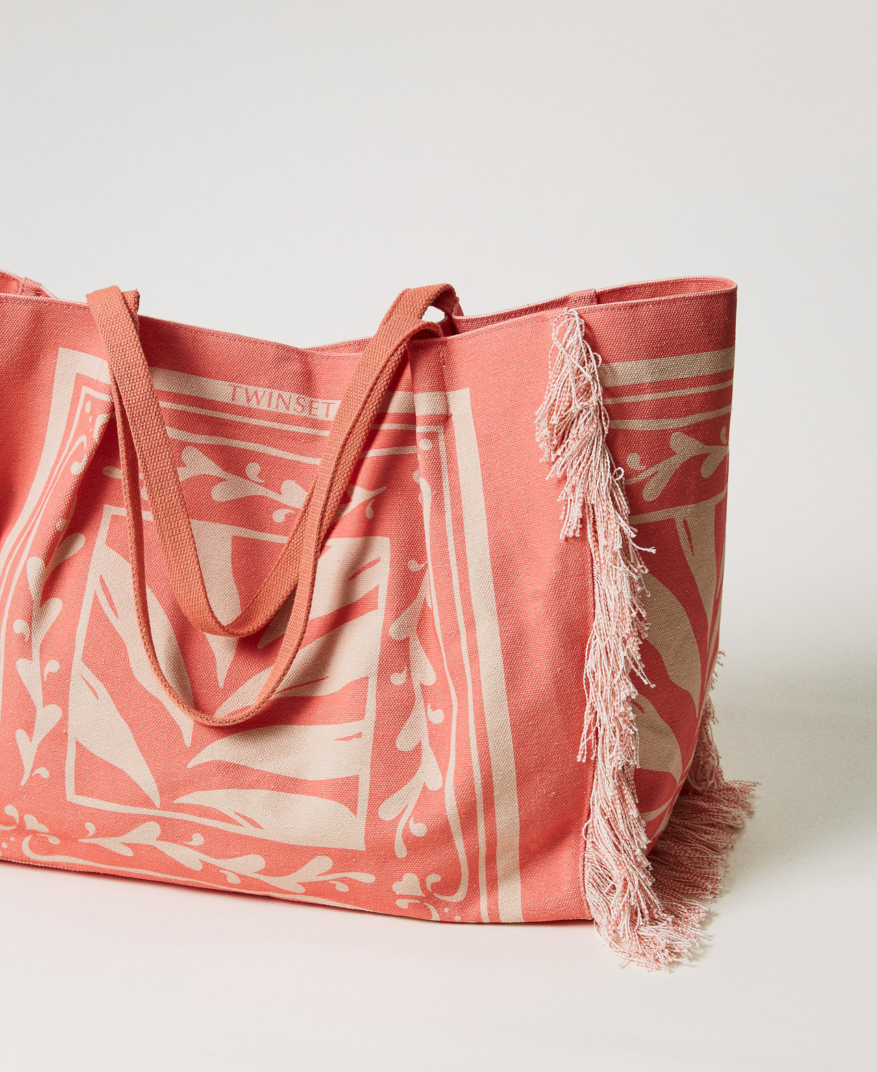 Printed canvas shopper bag Coral Sun/Almond Beige Foulard Print Woman 251LM8ALL_12381_03
