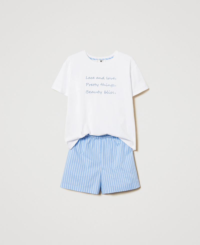 Pyjamas with embroidery and stripes Two-tone Blue Topaz/Antique White Woman 251LL2NAA_12234_S0
