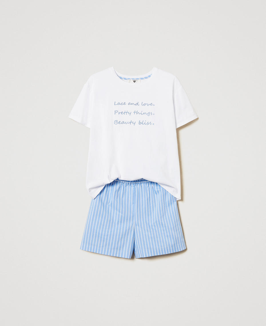 Pyjamas with embroidery and stripes Two-tone Blue Topaz/Antique White Woman 251LL2NAA_12234_S0