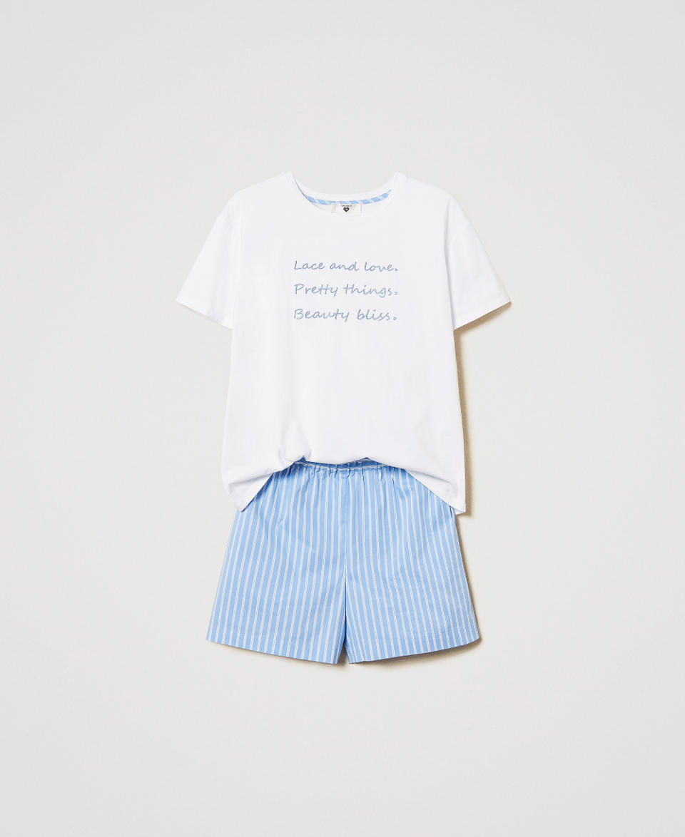 Pyjamas with embroidery and stripes Two-tone Blue Topaz/Antique White Woman 251LL2NAA_12234_S0