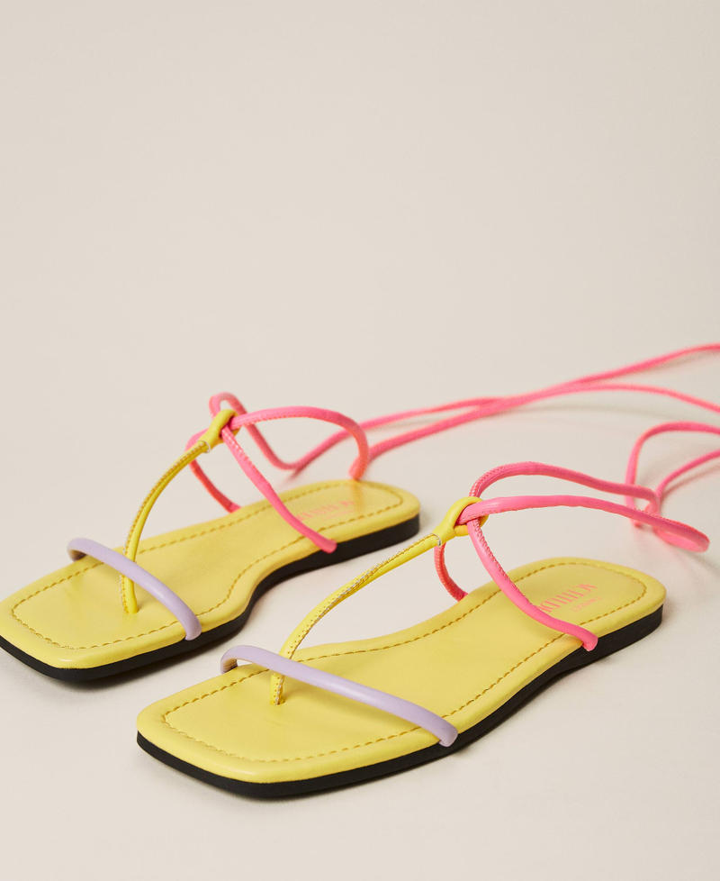 Flat thong sandals with laces "Pastel Lilac" / Vivid Yellow / Neon Pink Multicolour Woman 221ACT122-02