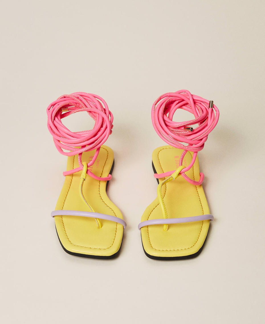Flat thong sandals with laces "Pastel Lilac" / Vivid Yellow / Neon Pink Multicolour Woman 221ACT122-05