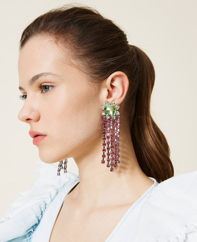 Earrings with rhinestone fringes Two-tone "Misty Jade" Green / "Hot Pink" Woman 221AO5314-0S
