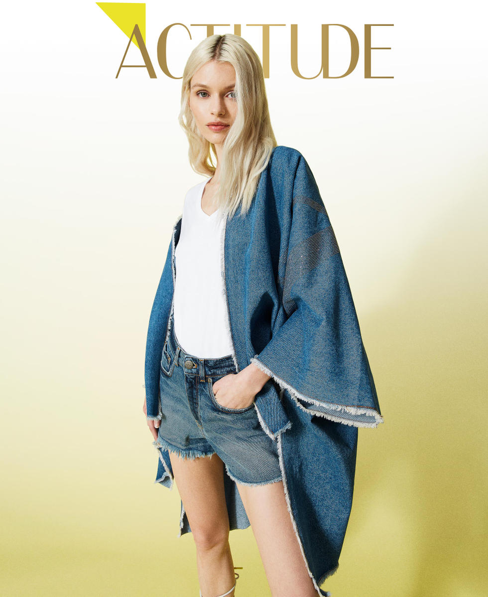 Denim poncho with rhinestones