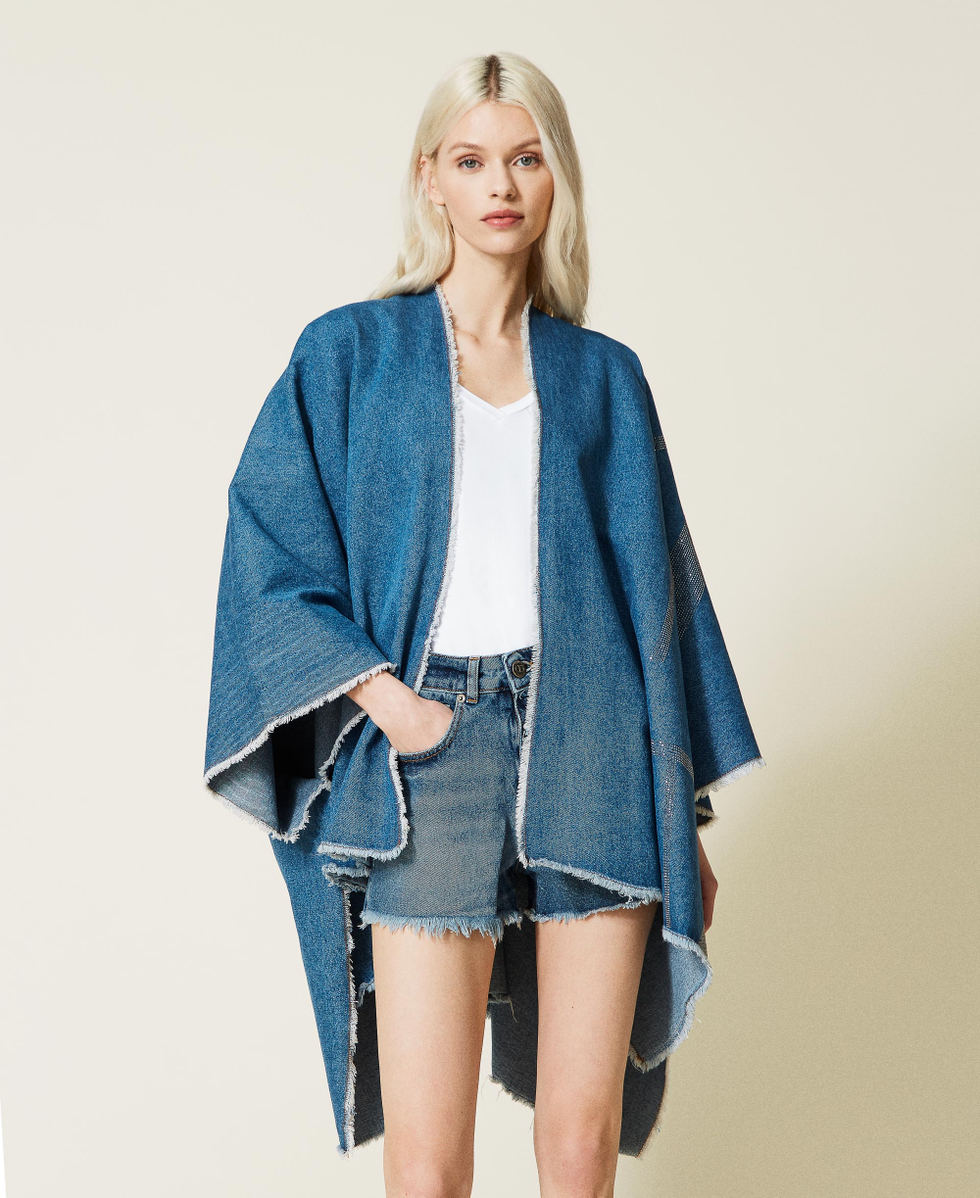 Denim poncho with rhinestones