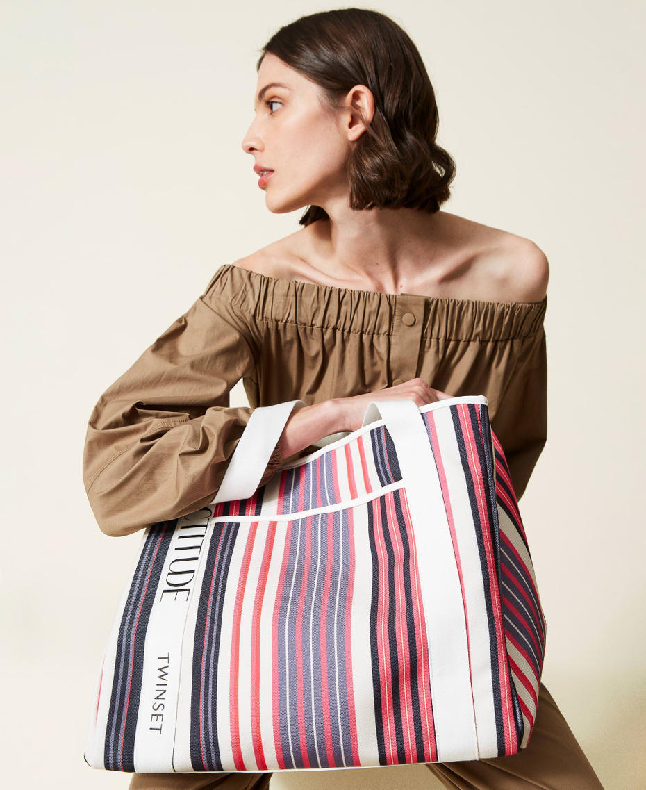 Striped canvas shopper Grey / "Hot Pink” Stripe Print Woman 221AO8110-0S