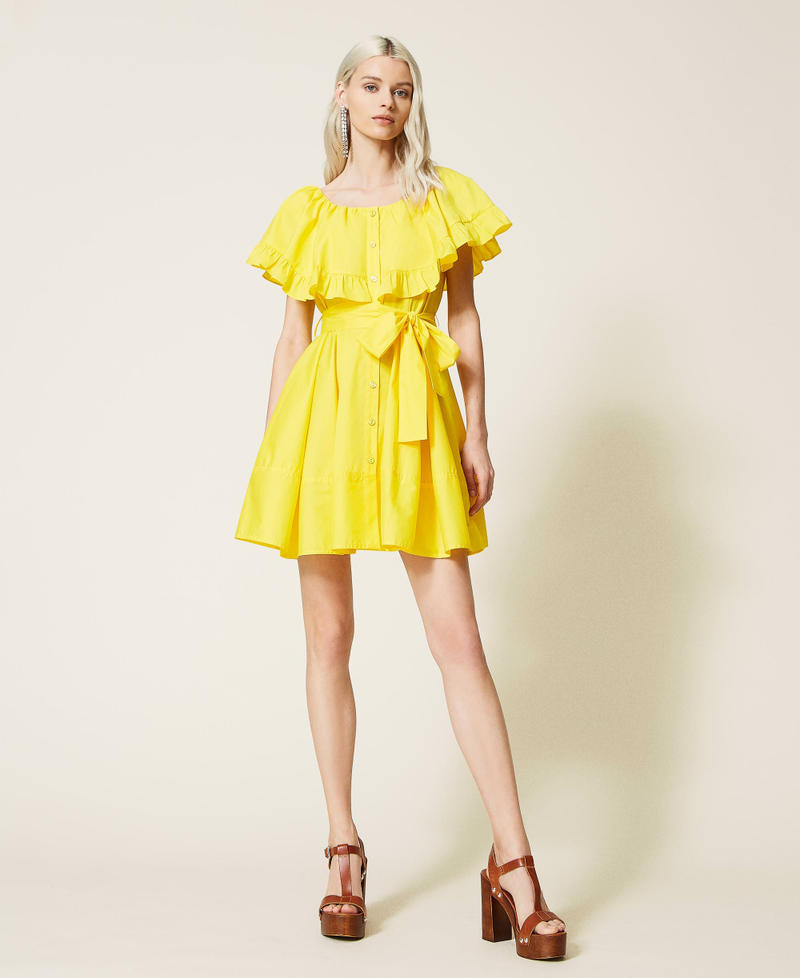 Hemdblusenkleid aus Popeline mit Volants Leuchtendes Gelb Frau 221AT2039-02
