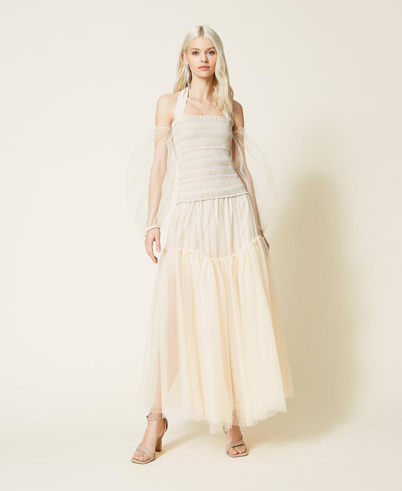 Tulle mid-length skirt Pale Cream Woman 221AT2073-02