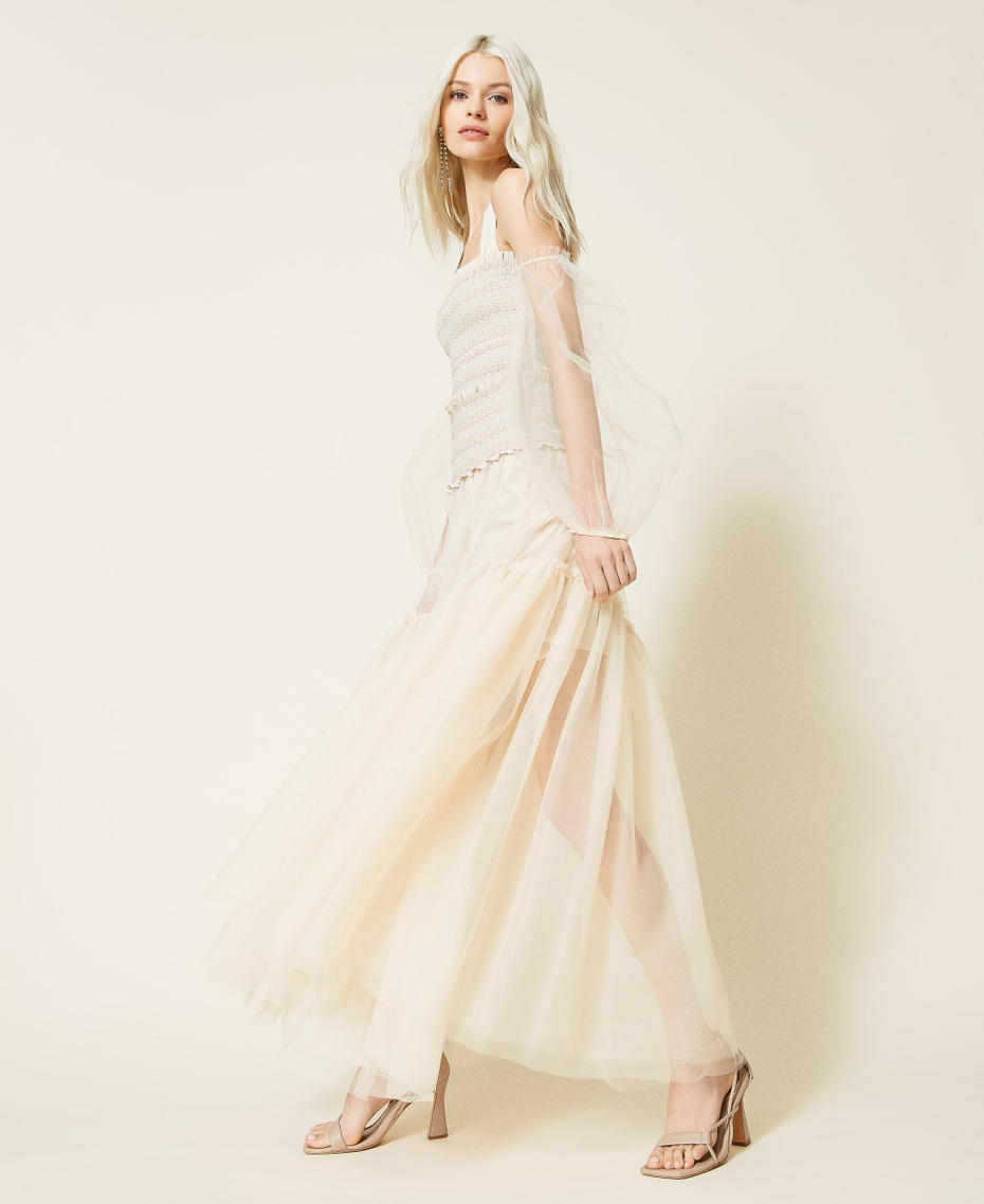 Tulle mid-length skirt Pale Cream Woman 221AT2073-06