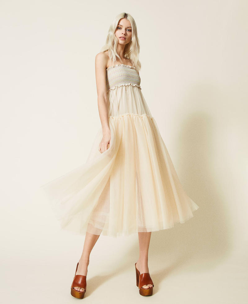 Tulle mid-length skirt Pale Cream Woman 221AT2073-07