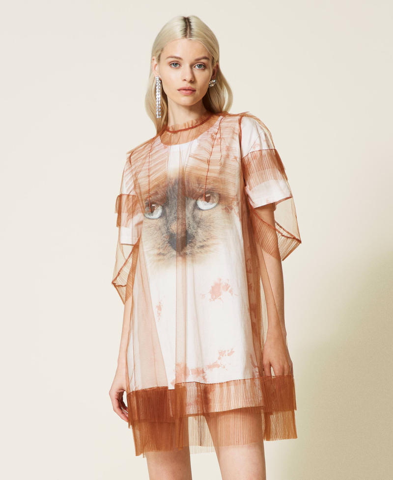 Maxi t-shirt and tulle dress Two-tone Tobacco / Pearl Pink Woman 221AT2080-02