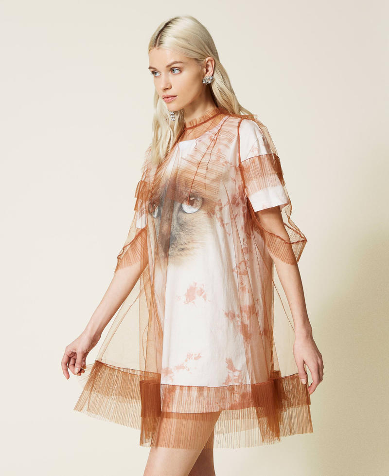 Maxi t-shirt and tulle dress Two-tone Tobacco / Pearl Pink Woman 221AT2080-03