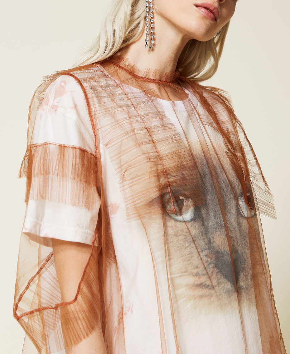 Maxi-T-Shirt und Kleid aus Tüll Zweifarbig Tabak / Perlrosa Frau 221AT2080-05