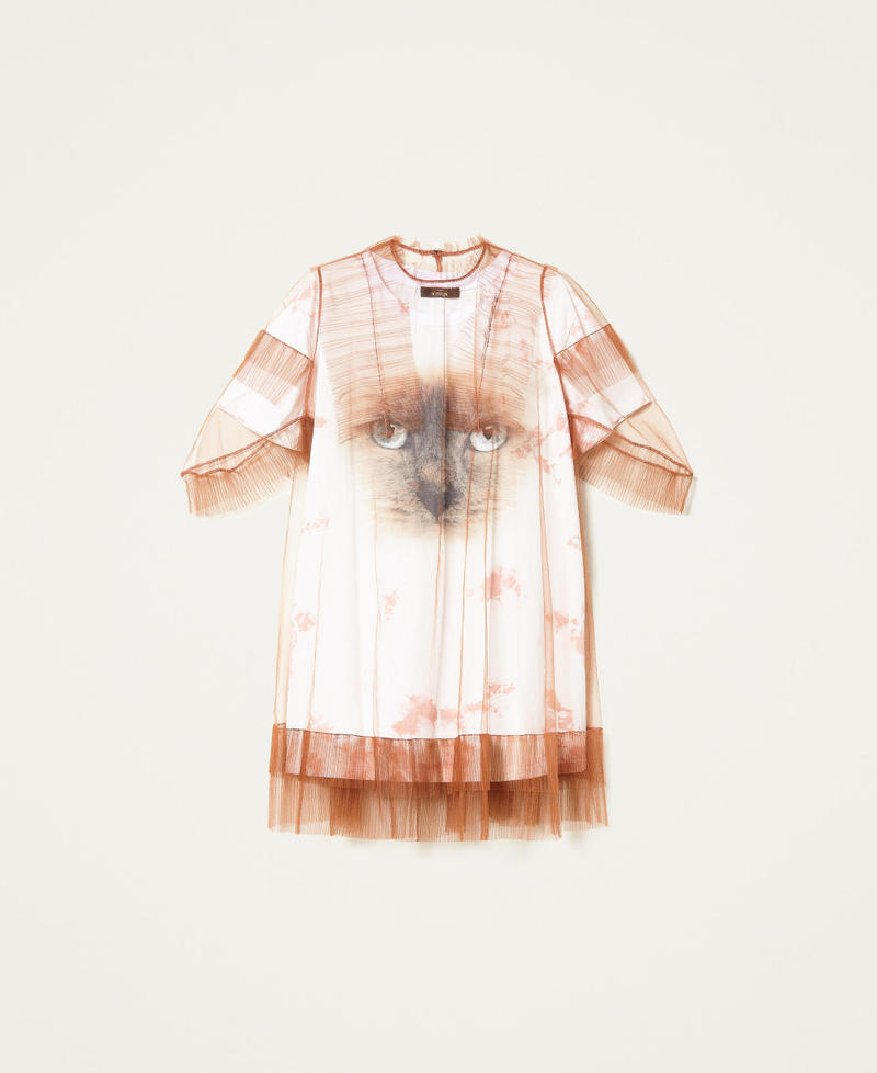 Maxi-T-Shirt und Kleid aus Tüll Zweifarbig Tabak / Perlrosa Frau 221AT2080-0S