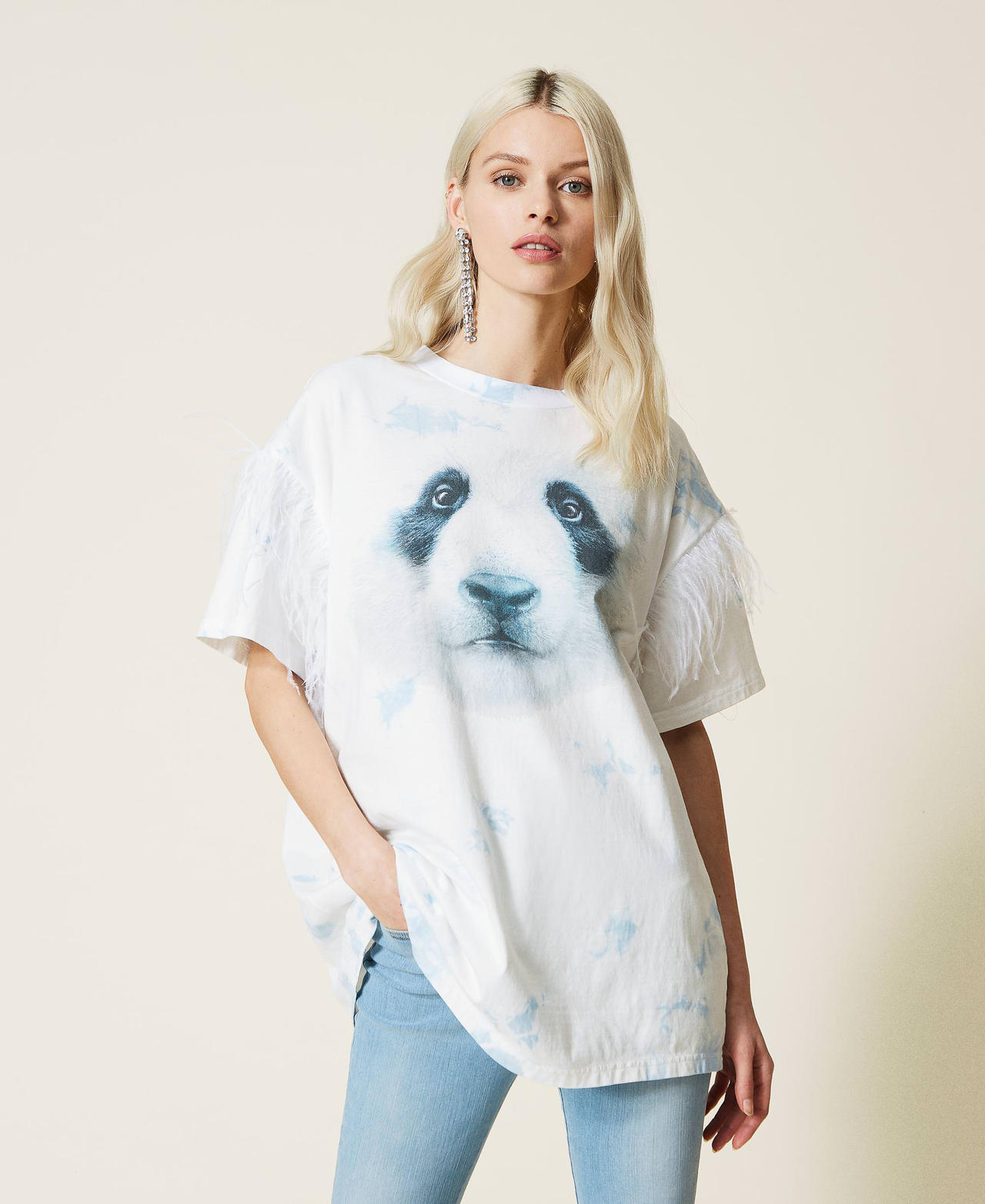 Maxi t-shirt avec imprimé et plumes