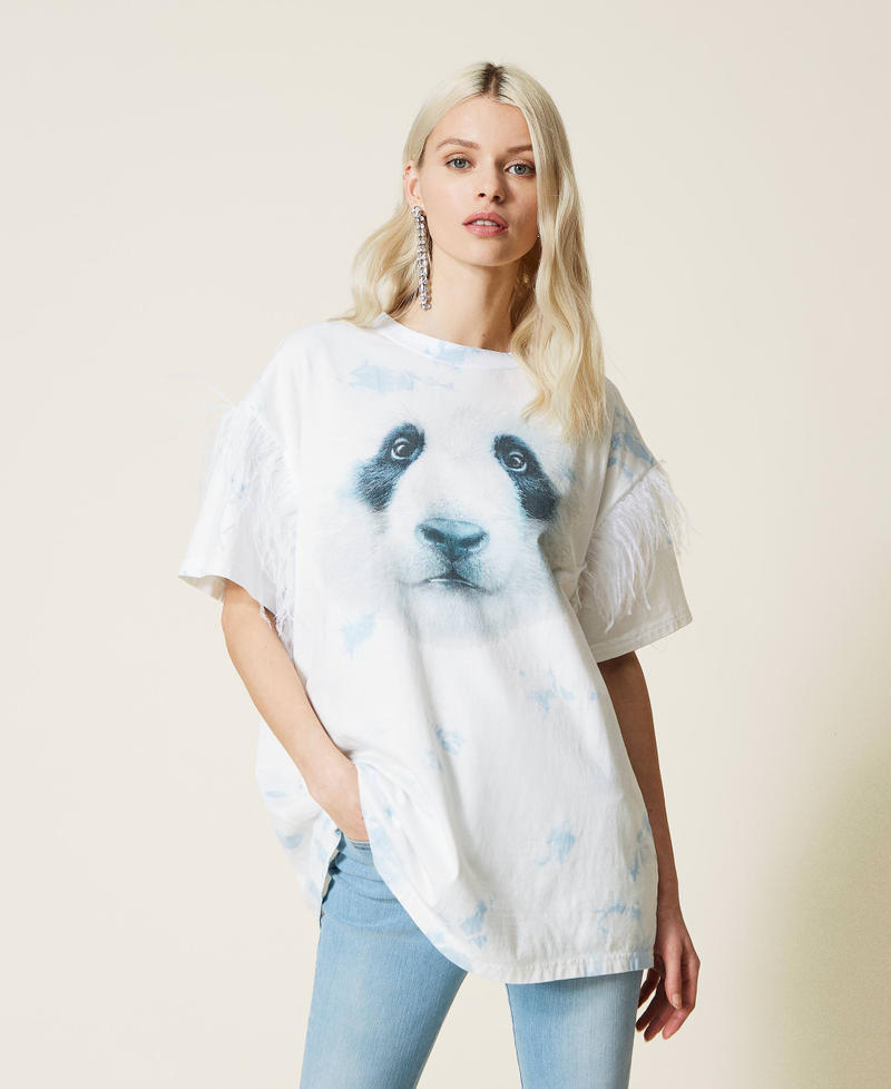 Maxi T-Shirt mit Print und Federn „Angel“-Azur Frau 221AT2081-02