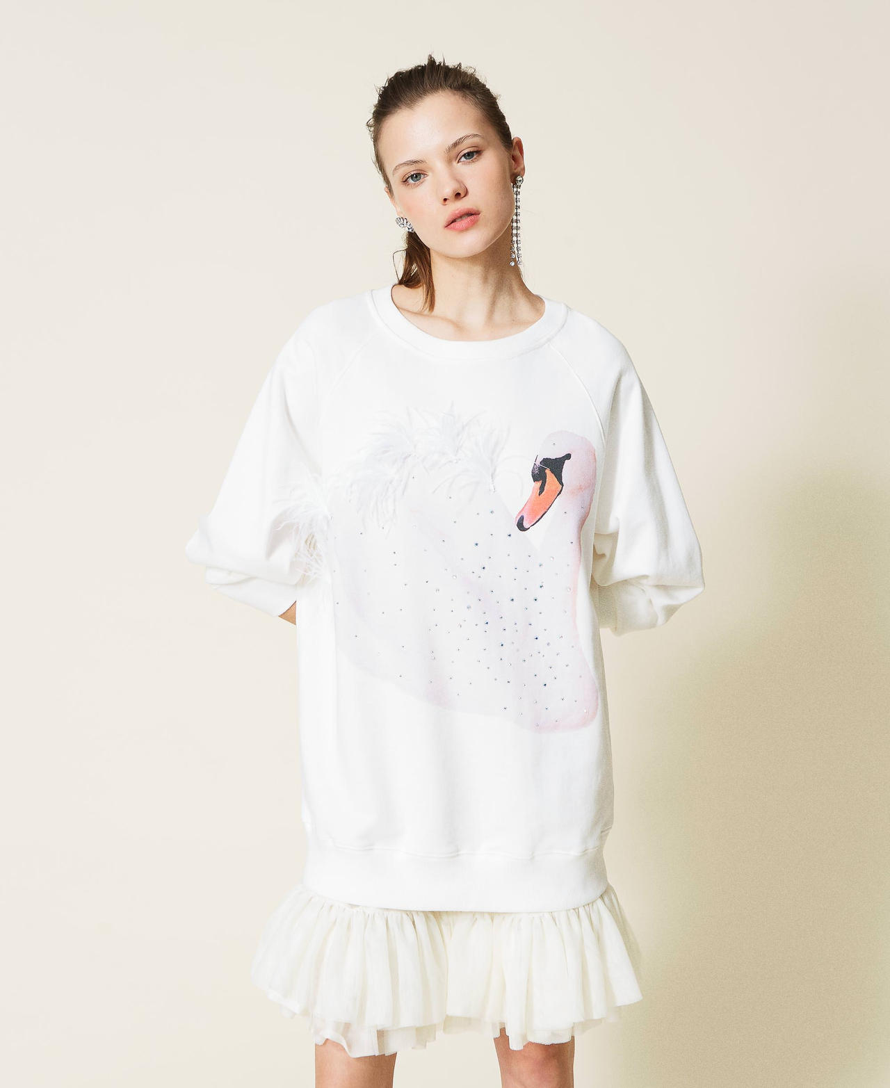 Plush fabric dress with organza slip White Gardenia Woman 221AT2083-02