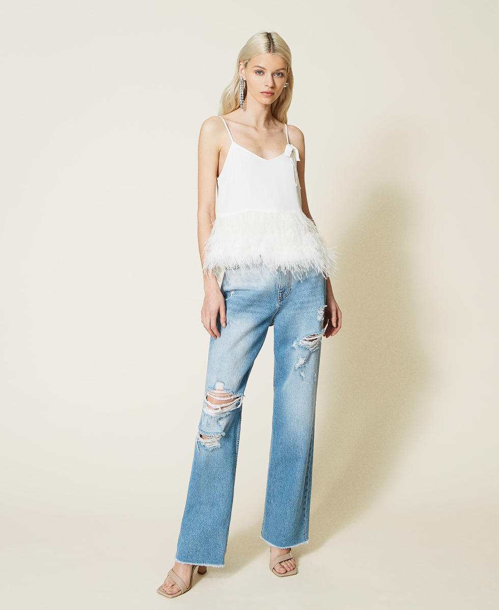 Satin top with feathers and logo