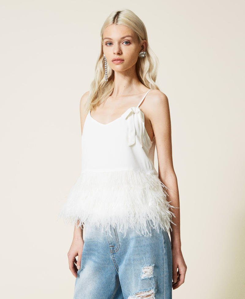 Satin top with feathers and logo White Gardenia Woman 221AT2090_00224_03