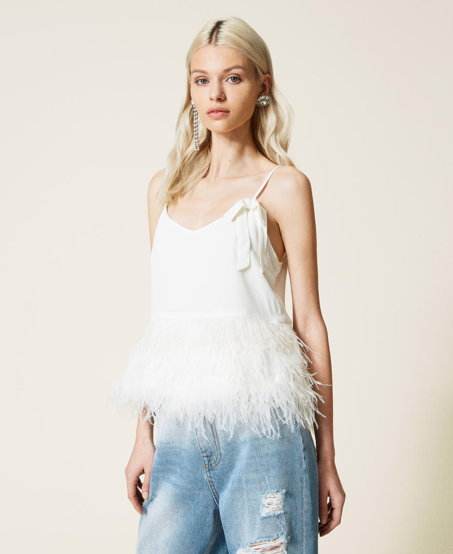 Satin top with feathers and logo "Pastel Lilac” Woman 221AT2090-03