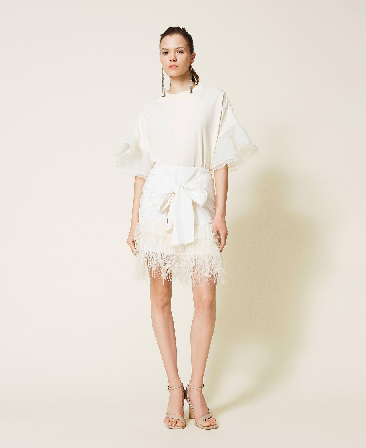 Мини-юбка из тафты с перьями Белый Гардения женщина 221AT2092-02