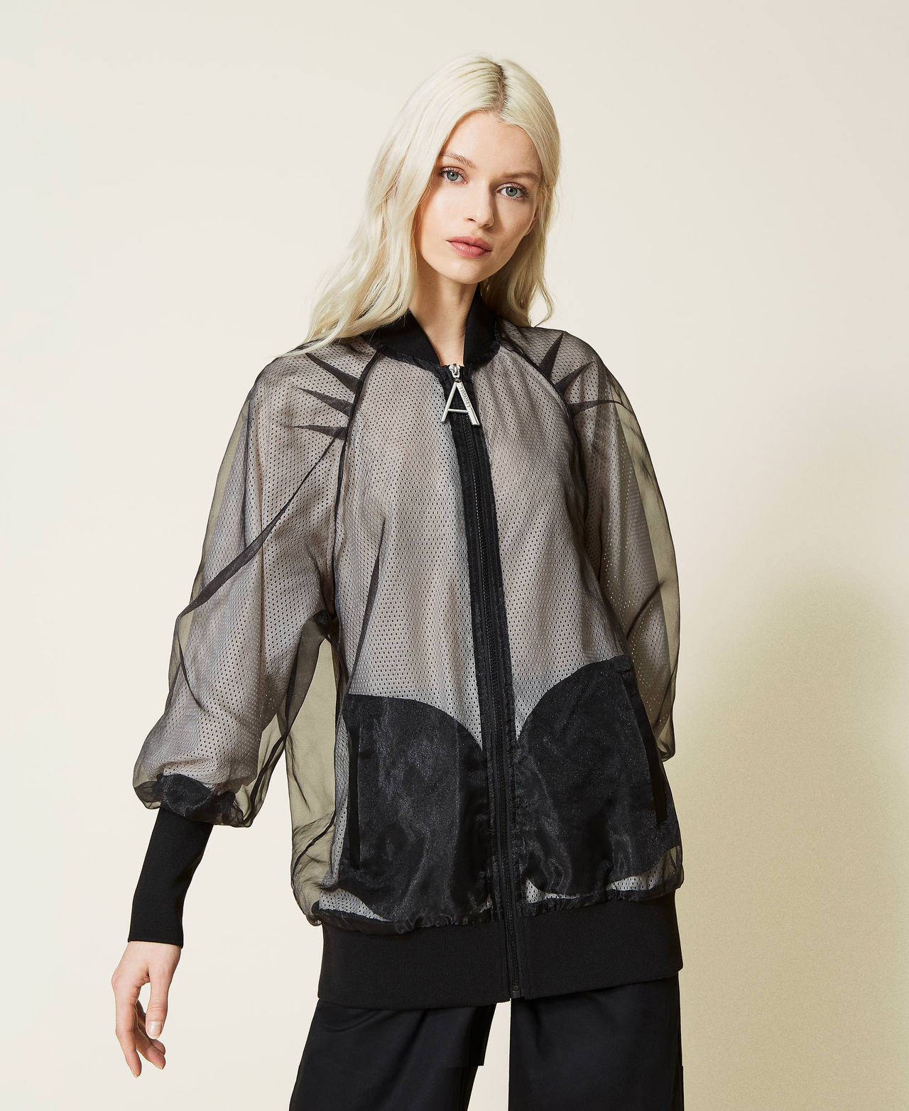 Organza-doubled bomber jacket Two-tone Black / Pale Cream Woman 221AT2130-02