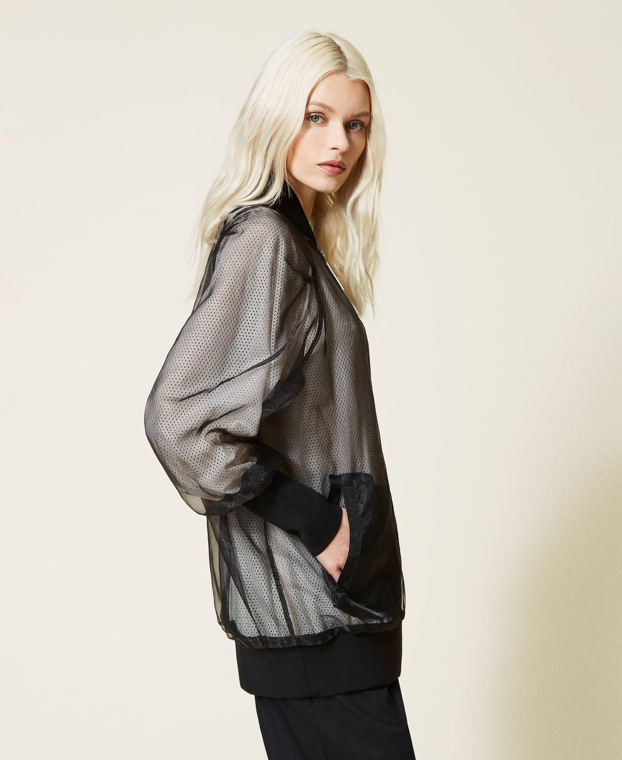 Organza-doubled bomber jacket Two-tone Black / Pale Cream Woman 221AT2130-03